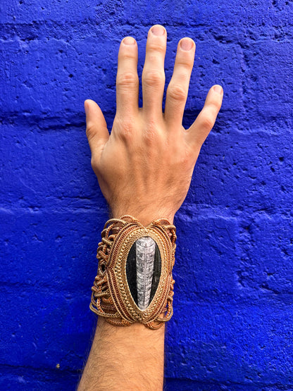 Handmade Orthoceras Fossil & Macrame Cuff Bracelet