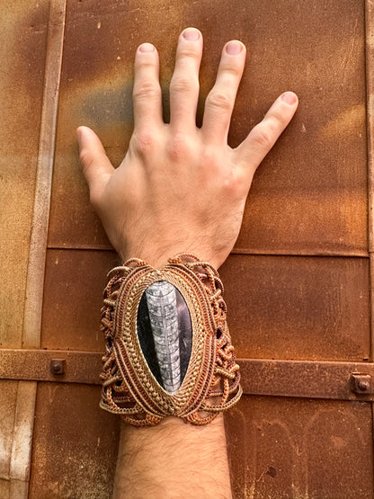 Handmade Orthoceras Fossil & Macrame Cuff Bracelet