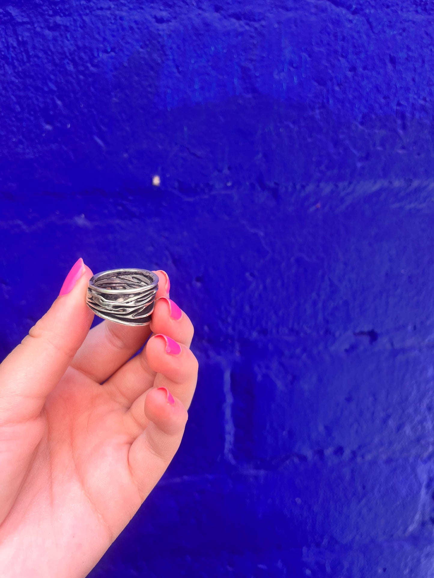 Midcentury Vintage Sterling Silver Sculpured With Oxidized Layers Ring