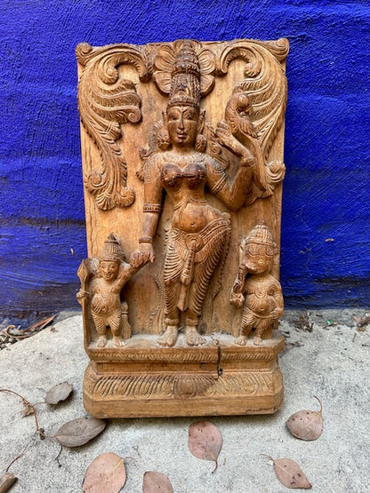 Vintage Hand Carved Wood Panel Indian Goddess