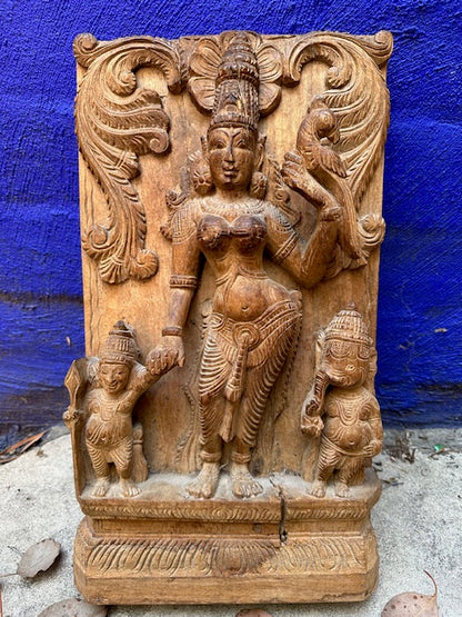 Vintage Hand Carved Wood Panel Indian Goddess