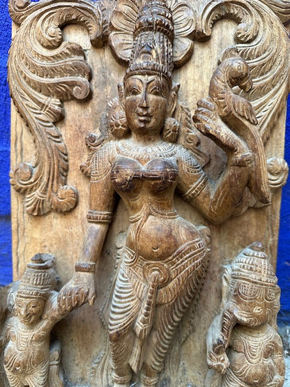 Vintage Hand Carved Wood Panel Indian Goddess