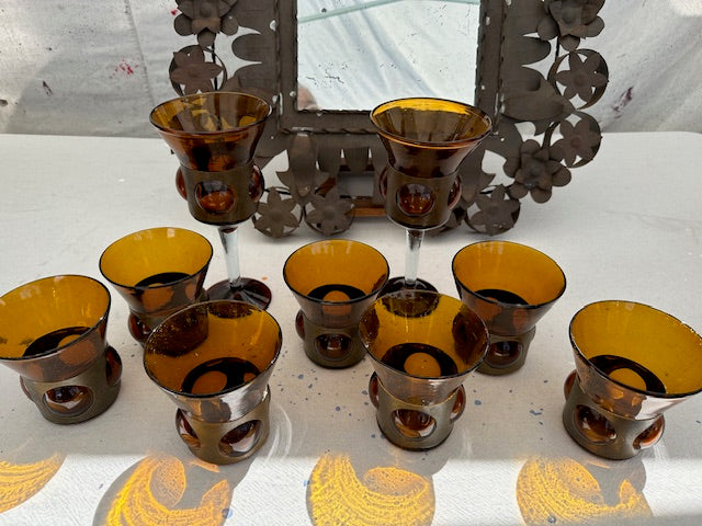 Vintage Mexican Amber Glass and Brass Glassware