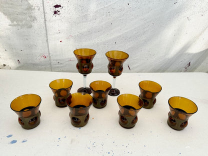 Vintage Mexican Amber Glass and Brass Glassware