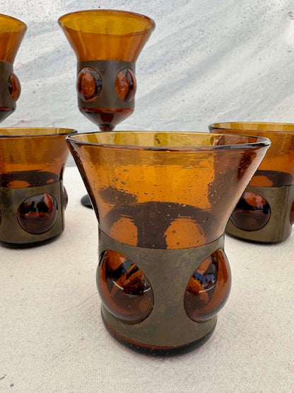 Vintage Mexican Amber Glass and Brass Glassware