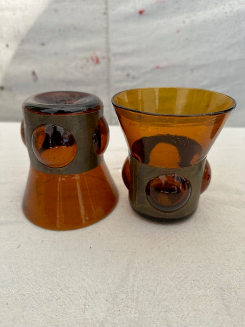 Vintage Mexican Amber Glass and Brass Glassware