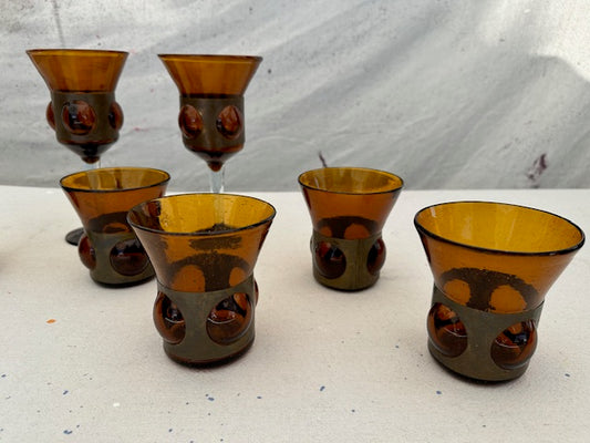 Vintage Mexican Amber Glass and Brass Glassware