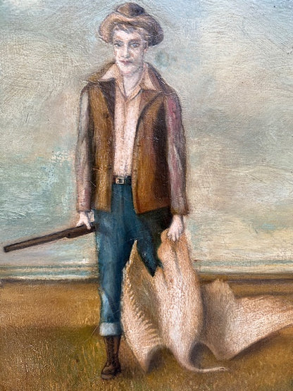 Vintage Oil Painting Youth with Shotgun