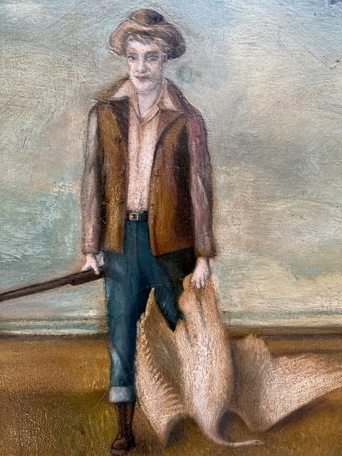 Vintage Oil Painting Youth with Shotgun