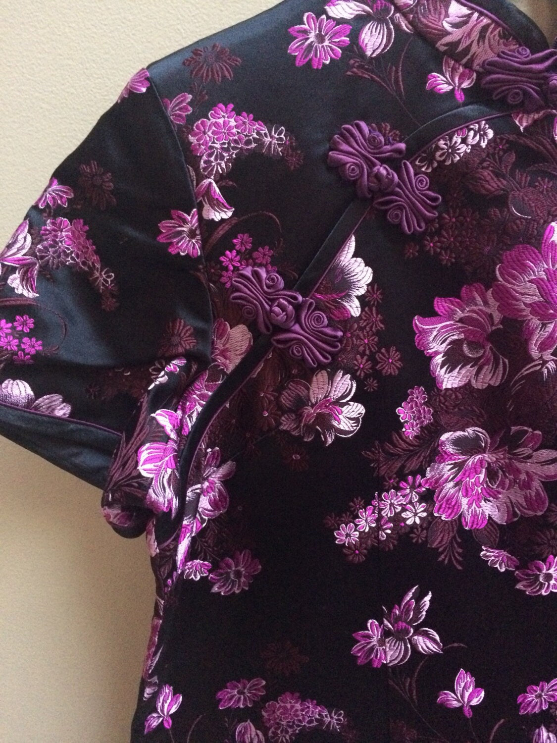 Vintage Black and Purple Brocade Flowered Chinese Dress