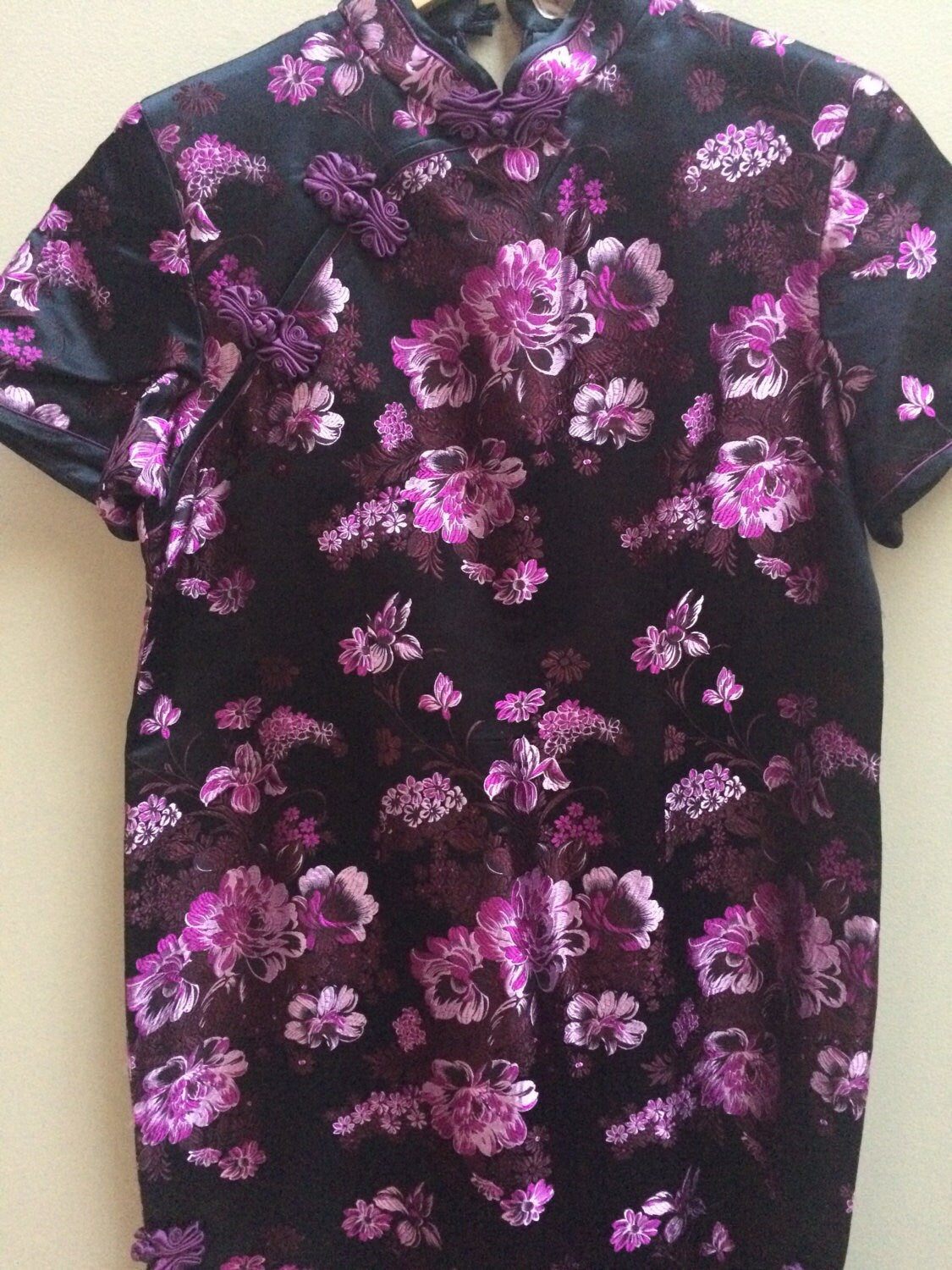 Vintage Black and Purple Brocade Flowered Chinese Dress