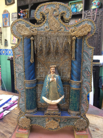 Vintage 3D Virgin of Guadelupe Assemblage Mixes Media Retablo Alter Shrine