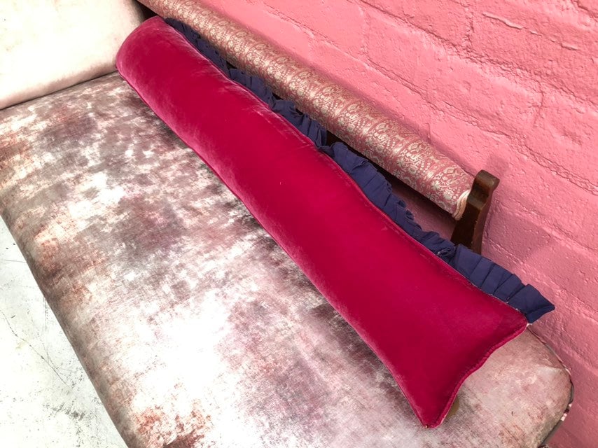 One Of A Kind Long Vintage Indian Hand Embroidered Textile and Hot Pink Silk Velvet Pillow