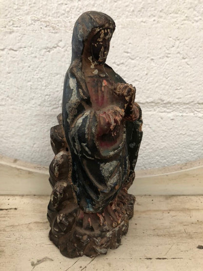 Vintage Antique Hand Carved Wood Madonna Religious Statue