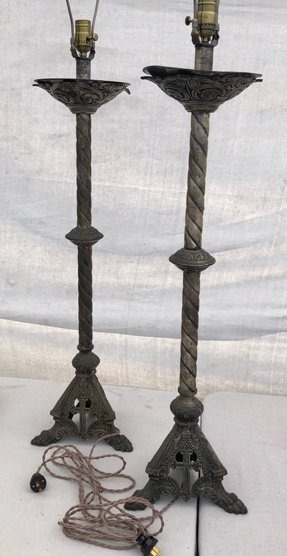 Vintage Pair of Altar Church Gothic Catholic Candle Stick Holder Lamps