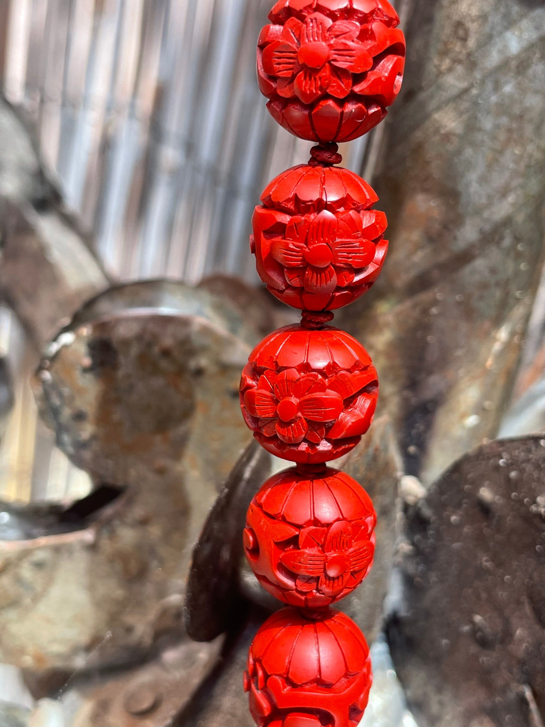 6 PCS outlet Vintage Genuine Chinese Carved Red Cinnabar Beads, Cylinder Focal Bead, 30mm x 16mm