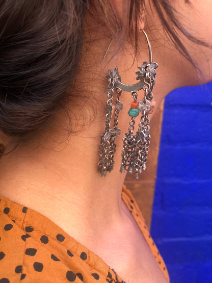 Antique AfghaniSilver Coral Turquoise Chandelier Earrings